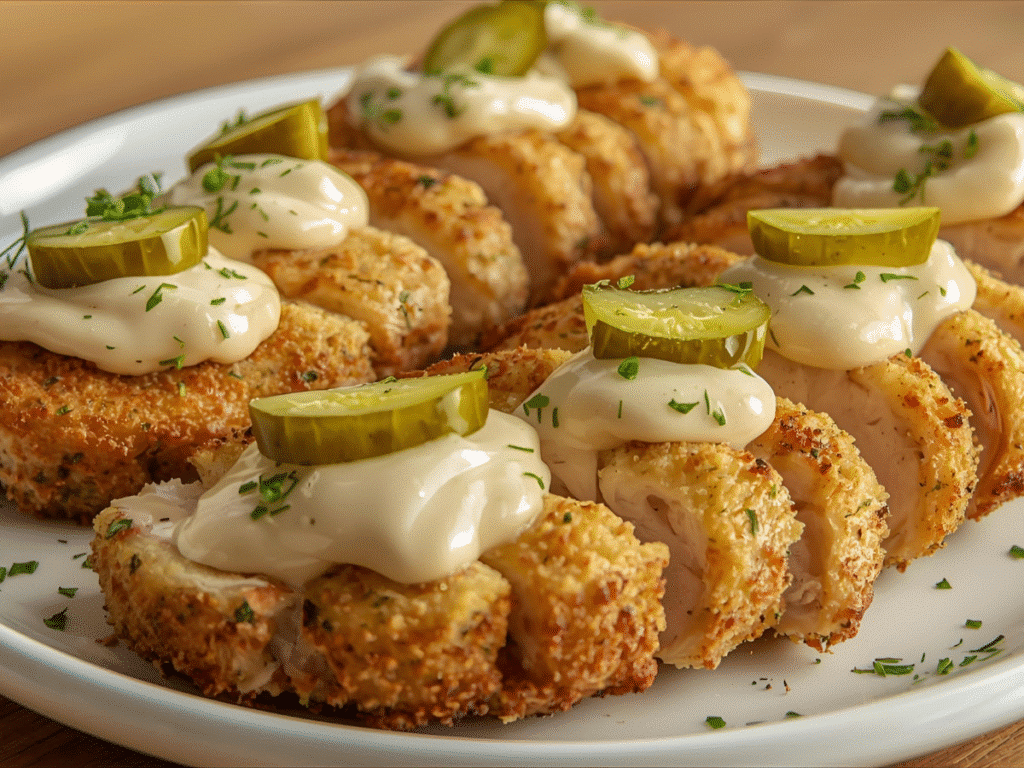 Alt Text: Raw ingredients for parmesan chicken including pickles and panko.