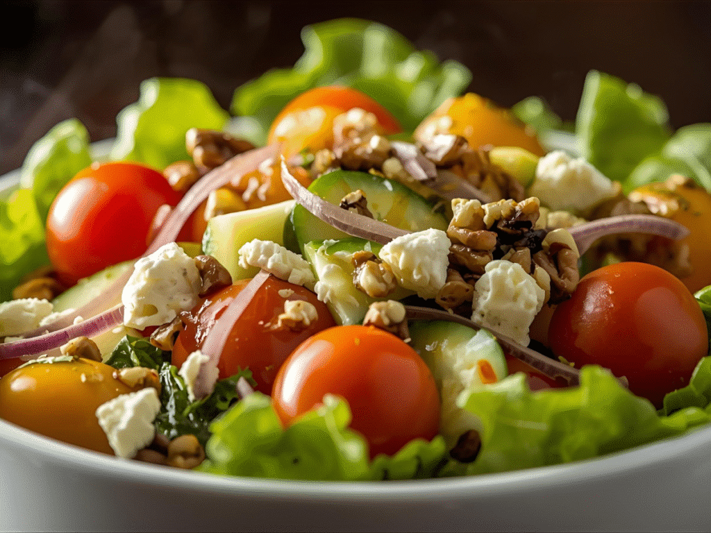Fall green salads for parties on a wooden table