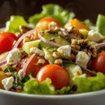 Fall green salads for parties on a wooden table