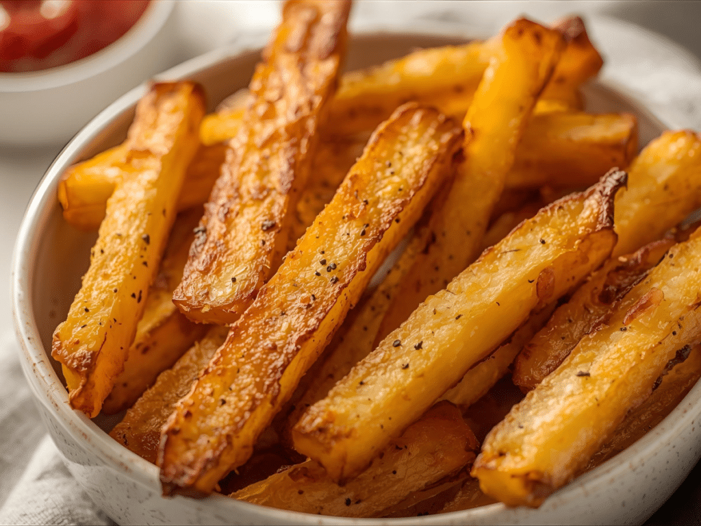 Close up of golden russet potato fries with seasoning.