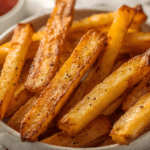 Close up of golden russet potato fries with seasoning.
