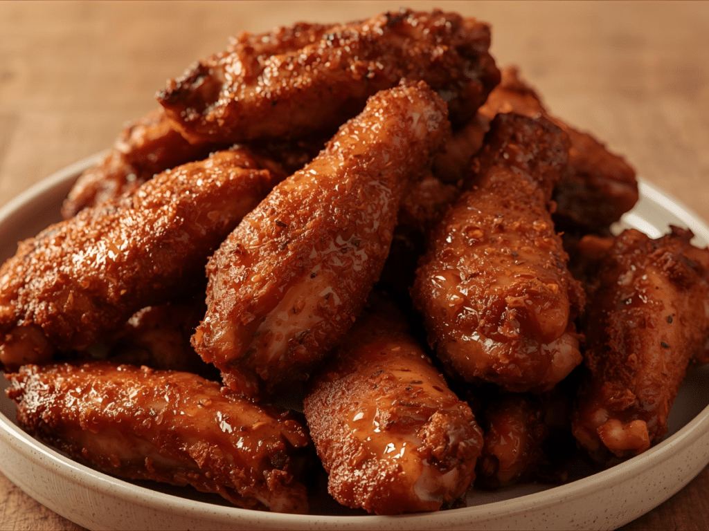 Alt Text: Overhead shot of a party platter featuring Spicy Dry Rub Chicken Wings, garnished with fresh herbs, ideal for Party Appetizers Easy.
