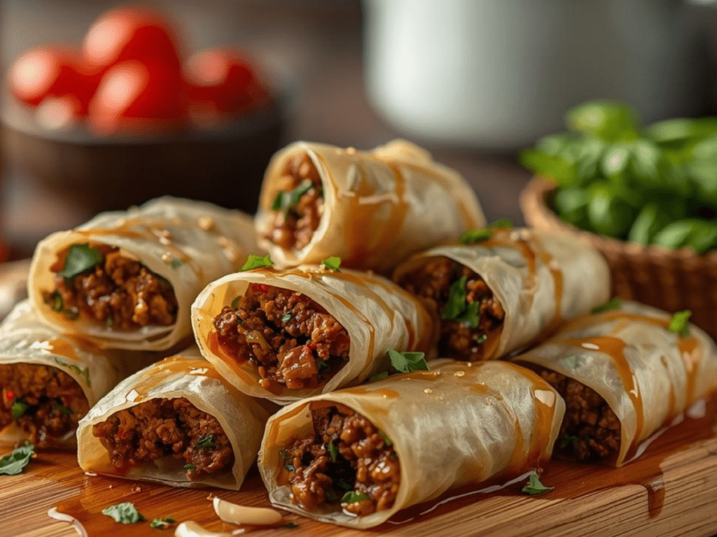 Alt Text: Quick Thai Basil Beef Rolls being dipped into a spicy Thai Chili Sauce.