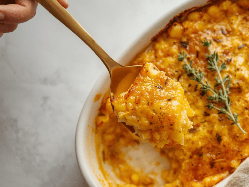 Alt Text: Nantucket Corn Pudding served as a Thanksgiving corn pudding side dish, decorated with fresh parsley on a festive dinner table.