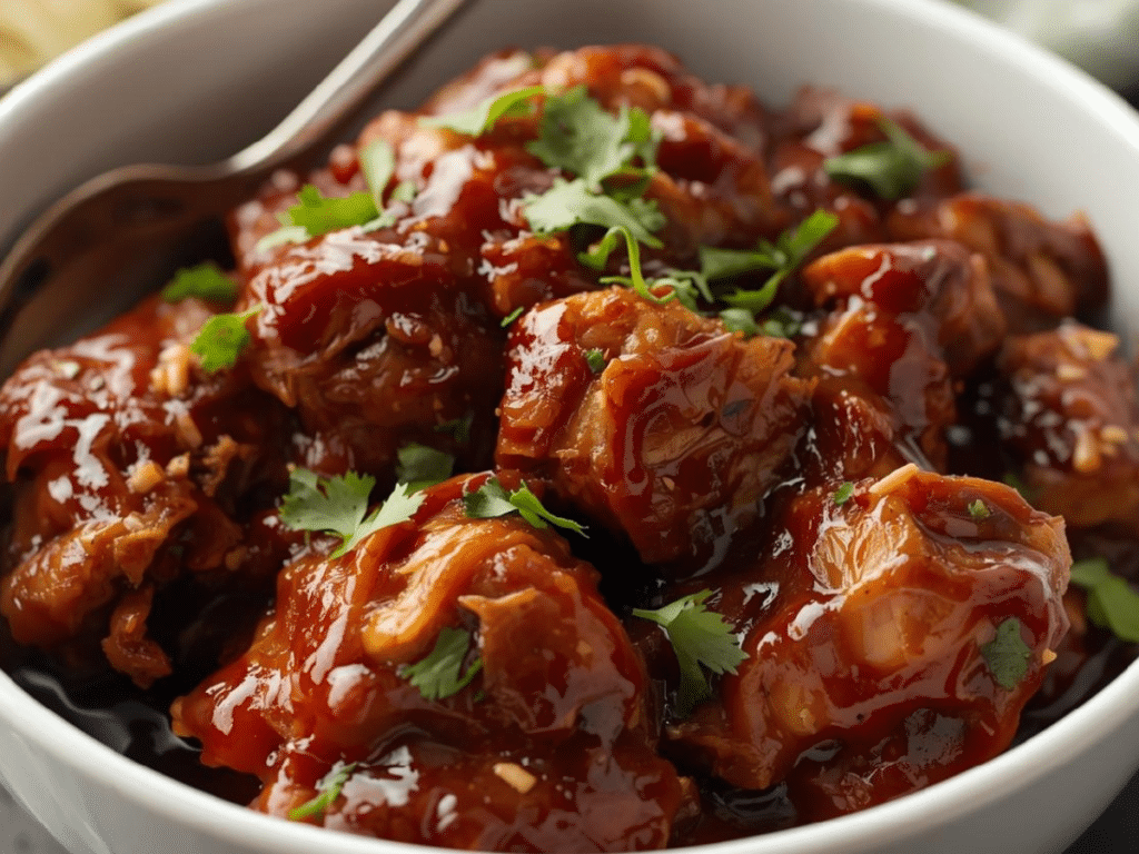 Alt Text: A bowl of juicy Crockpot BBQ chicken breasts seasoned with garlic and onion powder.