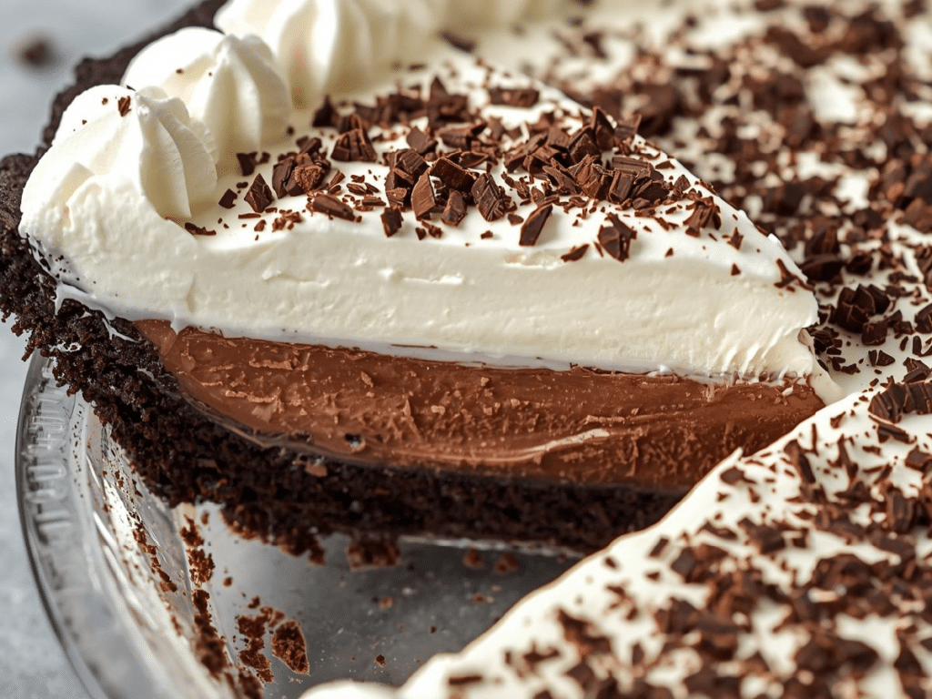 A full 9-inch easy chocolate cream pie in a glass dish, showing the contrast between the black cookie crust and the white whipped topping.