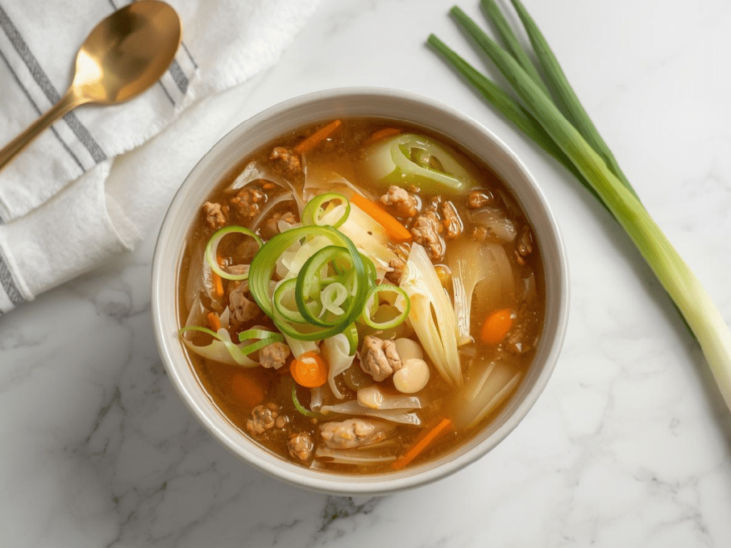 Alt Text: One-pot Cabbage Egg Roll Soup with gluten free chicken and green cabbage, emphasizing its status as a quick weeknight dinner.