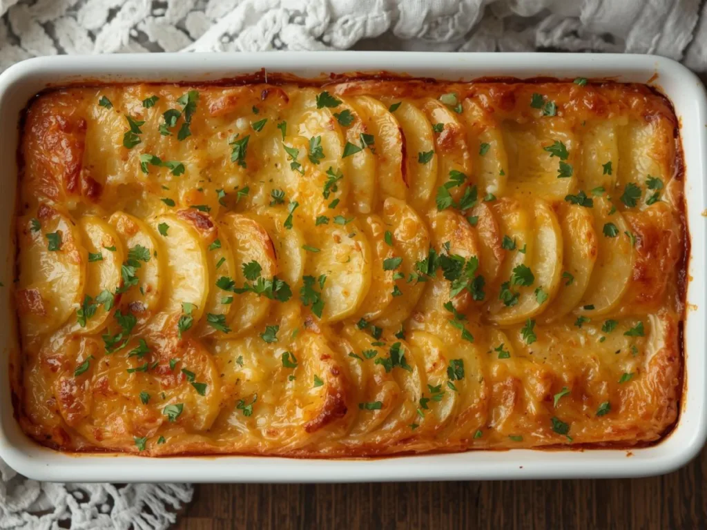Sliced sweet potatoes arranged in an elegant pattern for Garlic Scalloped Sweet Potatoes, seasoned with fresh herbs and garlic.