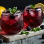 Aesthetic presentation of a Blackberry Basil Lemon Lavender Mocktail next to fresh ingredients like dried lavender buds and ripe blackberries.
