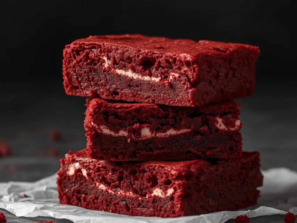 Alt Text: Overhead view of red velvet brownies on plate with milk chocolate chips, highlighting easy baking recipes desserts and a crinkle top.
