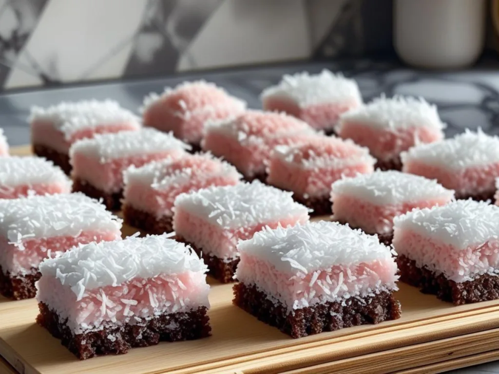 Alt Text: Homemade Pink Coconut Snowball Cake Bars served with a glass of milk on a rustic wooden background.