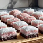 Alt Text: Homemade Pink Coconut Snowball Cake Bars served with a glass of milk on a rustic wooden background.