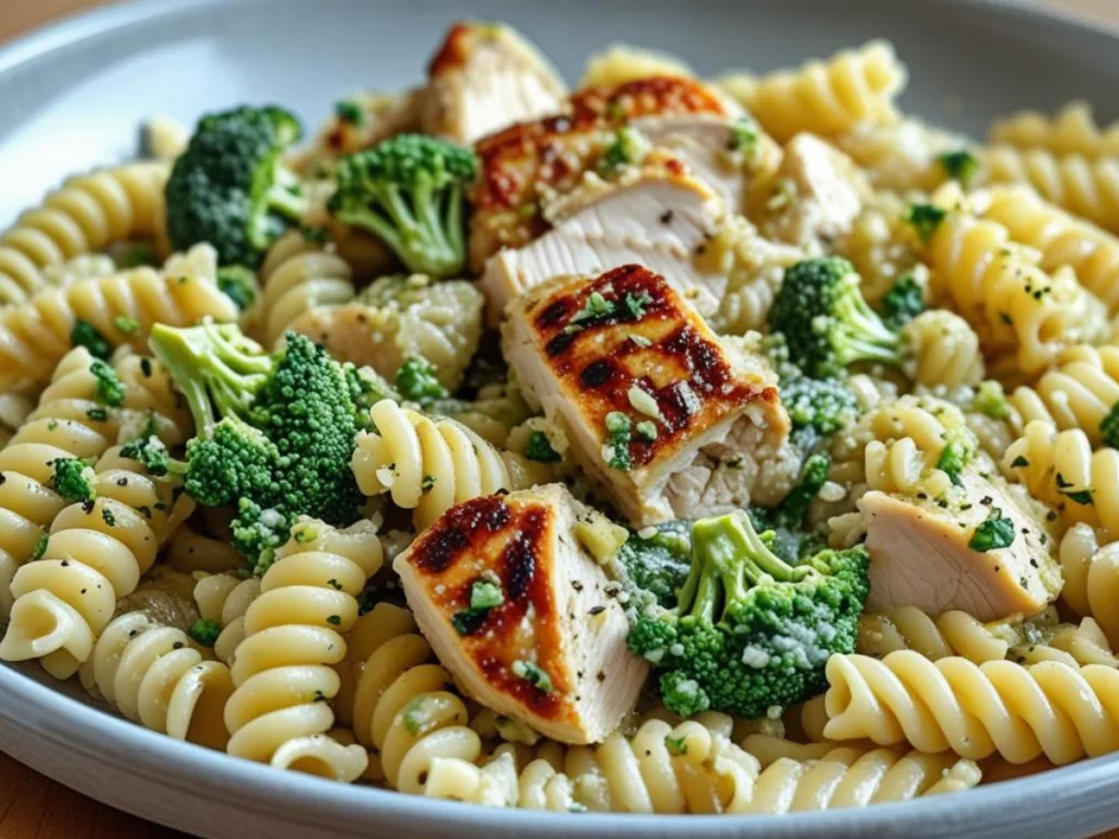 Rotisserie Chicken Broccoli Pasta served with a side of toasted garlic bread.