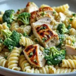 Rotisserie Chicken Broccoli Pasta served with a side of toasted garlic bread.