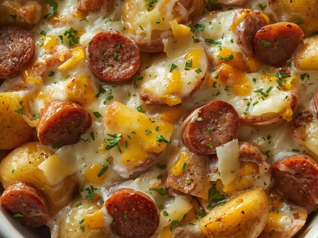 Sheet pan dinner with baby potatoes, smoked sausage slices, and melted cheddar cheese seasoned with ranch.