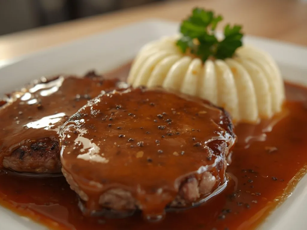 Alt Text: Top-down view of Salisbury Steak style Hamburger Patties with Gravy and onions, showing a perfect sear and rich brown sauce.
