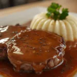 Alt Text: Top-down view of Salisbury Steak style Hamburger Patties with Gravy and onions, showing a perfect sear and rich brown sauce.