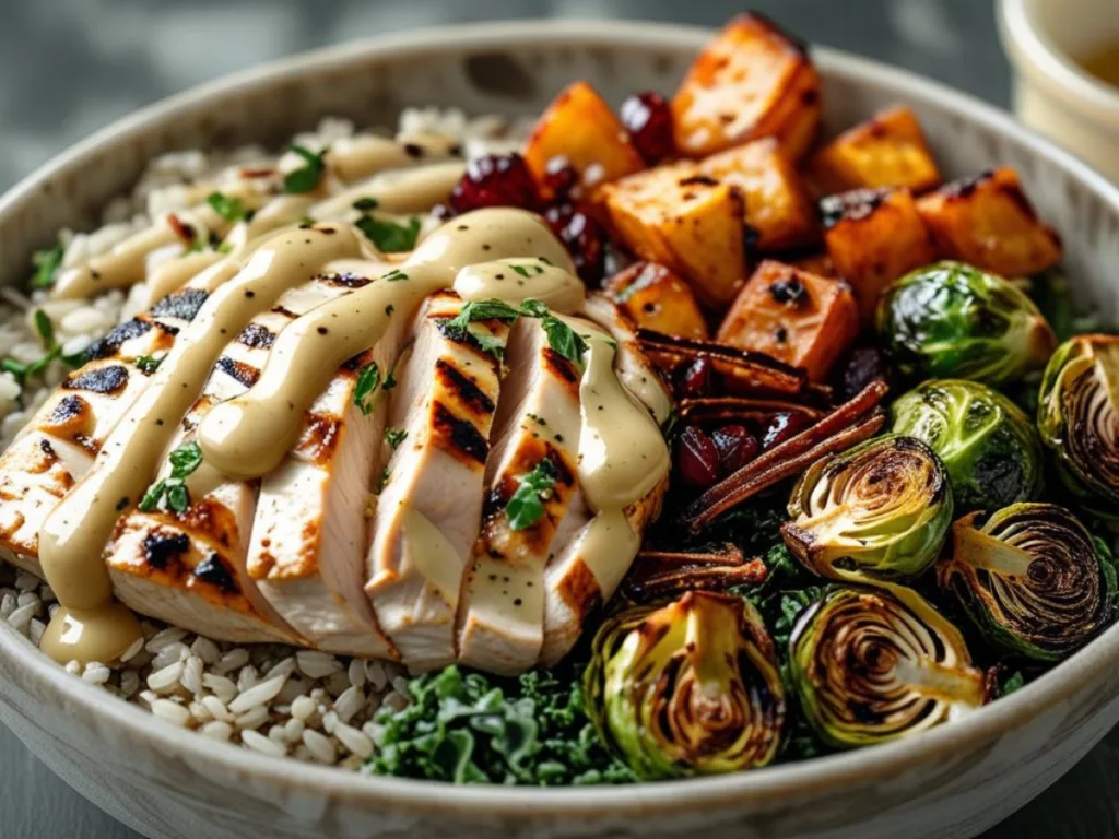 Close-up of Maple Dijon Chicken Bowl Recipe with maple mustard sauce glaze.