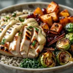 Close-up of Maple Dijon Chicken Bowl Recipe with maple mustard sauce glaze.