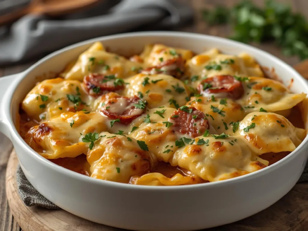 Crockpot Pierogi Casserole with smoked beef and sharp cheddar cheese.