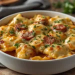Crockpot Pierogi Casserole with smoked beef and sharp cheddar cheese.