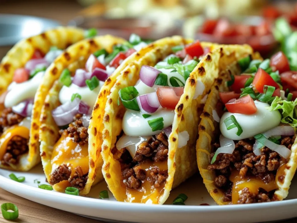 Alt Text: Hand picking up one of many Oven Baked Cheesy Tacos from a tray, demonstrating yummy dinners and taco luncheon ideas for any occasion.