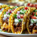 Alt Text: Hand picking up one of many Oven Baked Cheesy Tacos from a tray, demonstrating yummy dinners and taco luncheon ideas for any occasion.