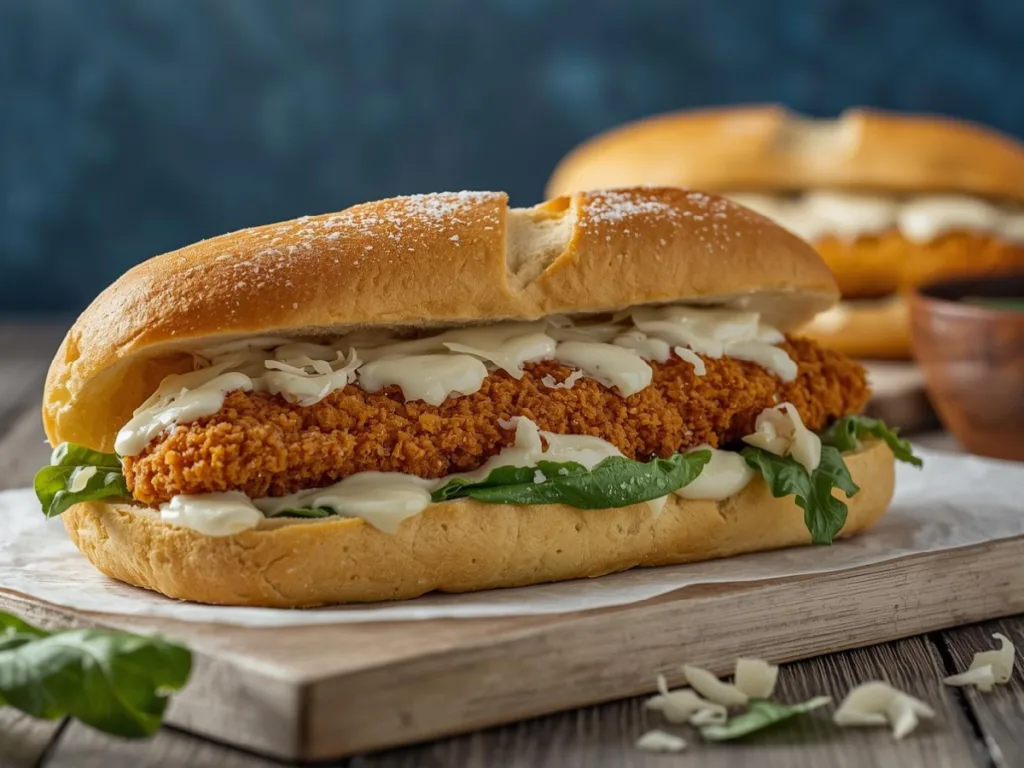 Breaded chicken sandwich with caesar dressing.