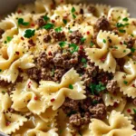 Healthy garlic butter beef bowtie pasta with lean beef.