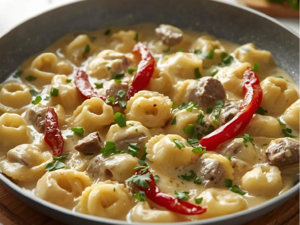 Creamy Steak and Cheese Tortellini being served with a wooden spoon, showing the gooey cheese pull.