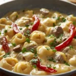 Creamy Steak and Cheese Tortellini being served with a wooden spoon, showing the gooey cheese pull.