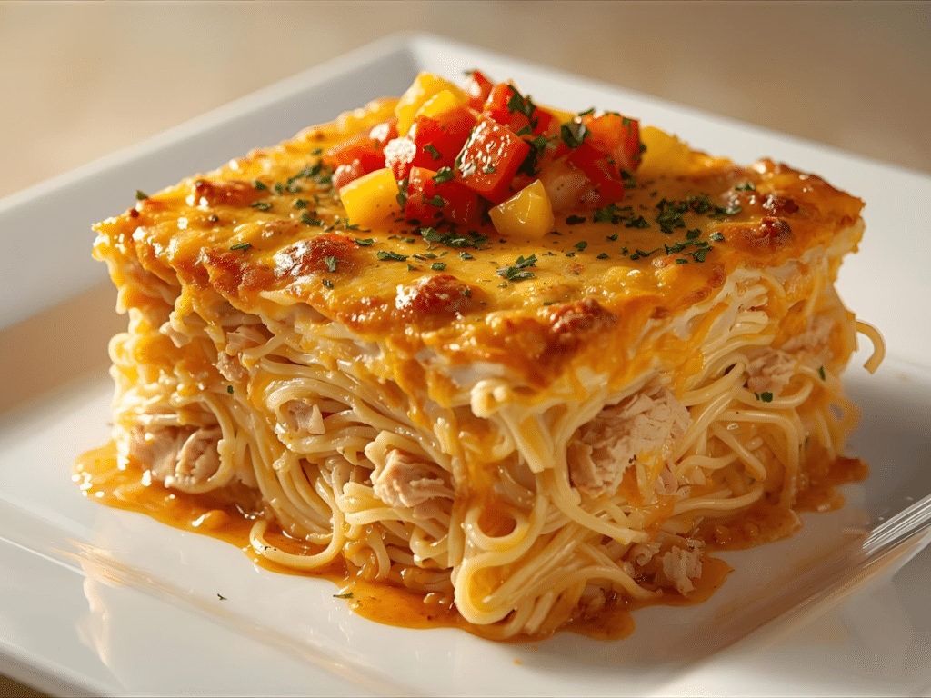 Close-up of Spicy Southern Cheesy Chicken Spaghetti Casserole featuring Spaghetti Pasta, Sauteed Veggies, and a rich Cheesy Sauce with a hint of spice.