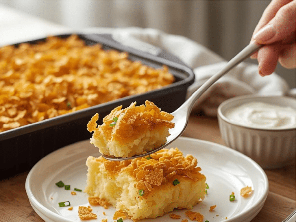 Alt: Cheesy Funeral Potatoes with crispy cornflake crust.