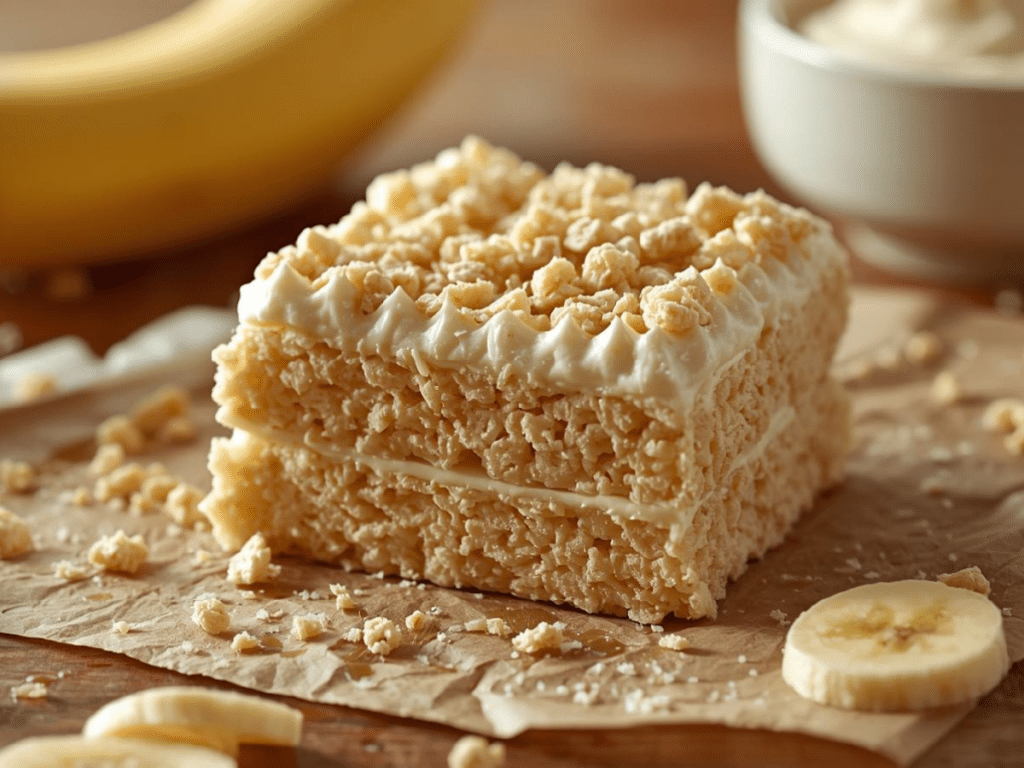 Close-up of Rice Krispie treats with banana pudding and buttery rice texture.	