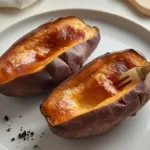 apanese Sweet Potato Crème Brûlée garnished with mint.