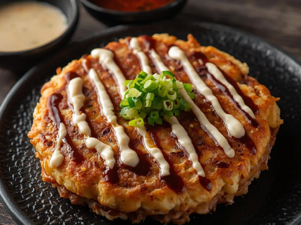 Authentic Japanese okonomiyaki street food style.
