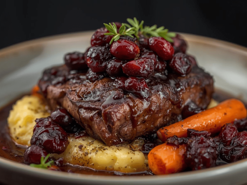 Alt Text: Slow-Braised Beef Roast with Cranberry Balsamic Glaze served with mashed potatoes.