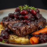 Alt Text: Slow-Braised Beef Roast with Cranberry Balsamic Glaze served with mashed potatoes.