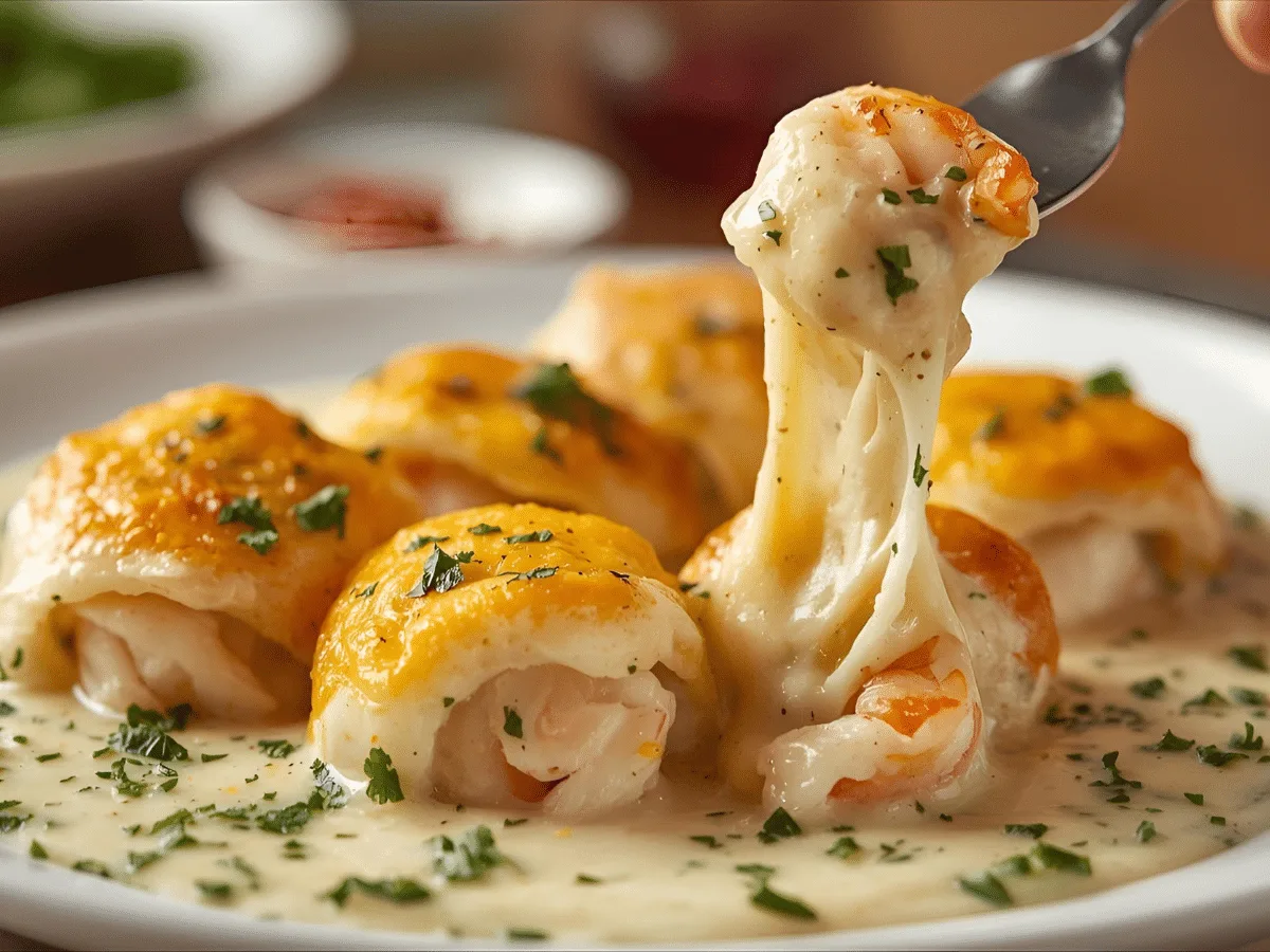 Baked Shrimp Crab Alfredo Roll Ups in a ceramic dish with golden cheese topping.