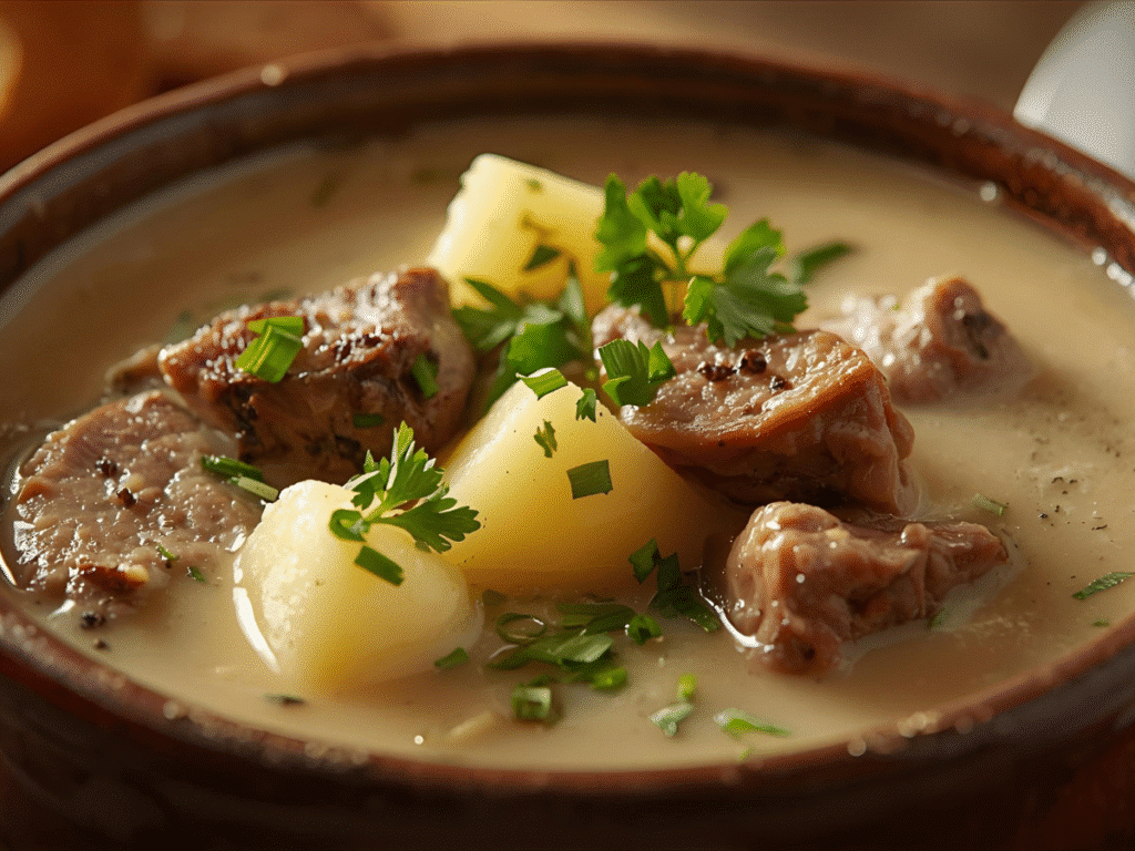 | Alt: Creamy steak and potato soup in a bowl |