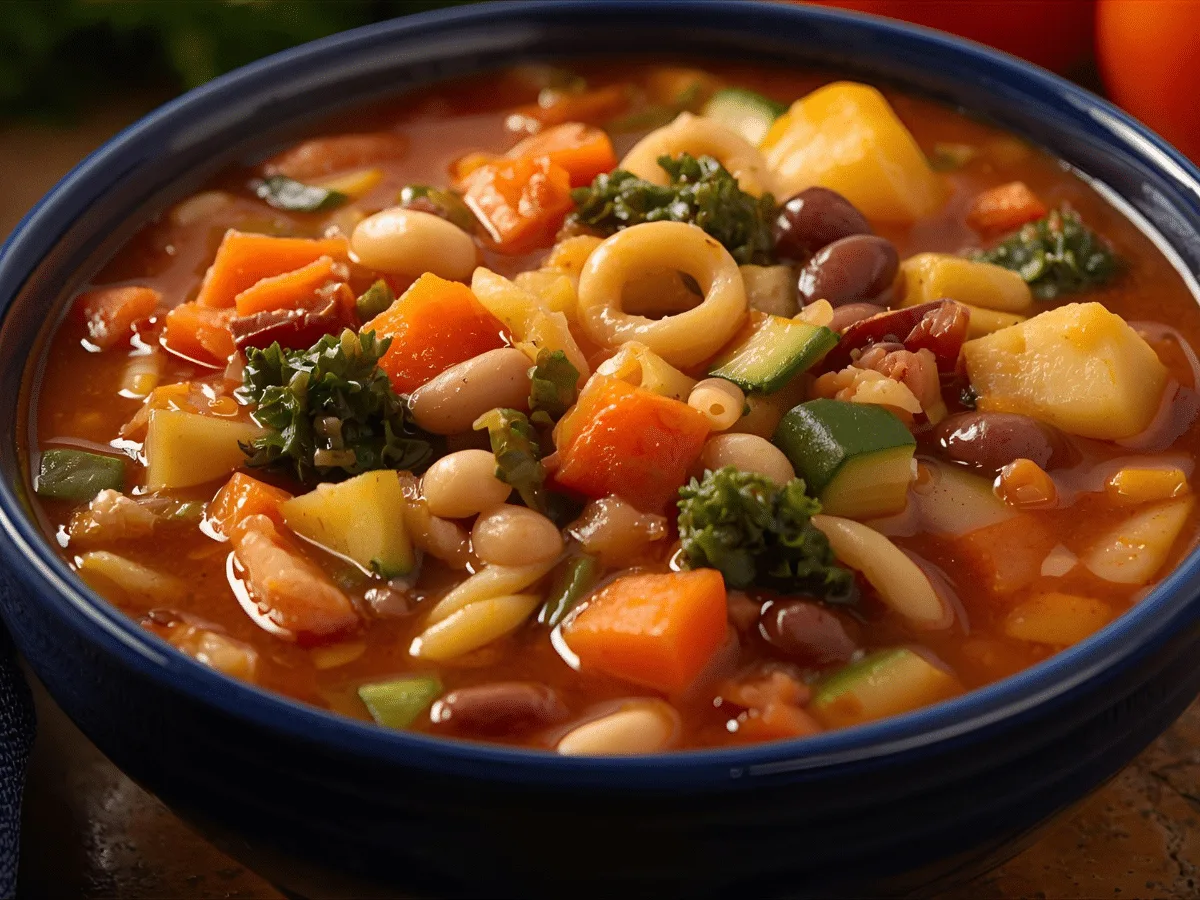 Spoon lifting hearty vegetables and beans from a bowl of Vegan Olive Garden Minestrone soup.