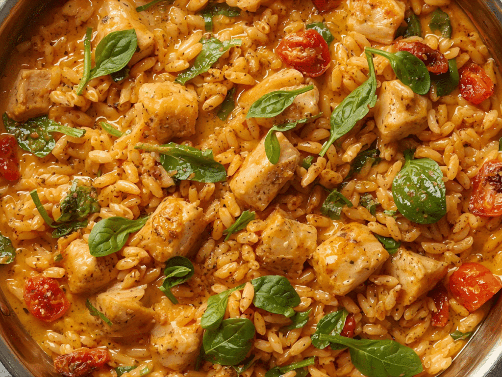 Overhead shot of creamy Marry Me Chicken Orzo in a cast iron skillet with sun-dried tomatoes and fresh basil.