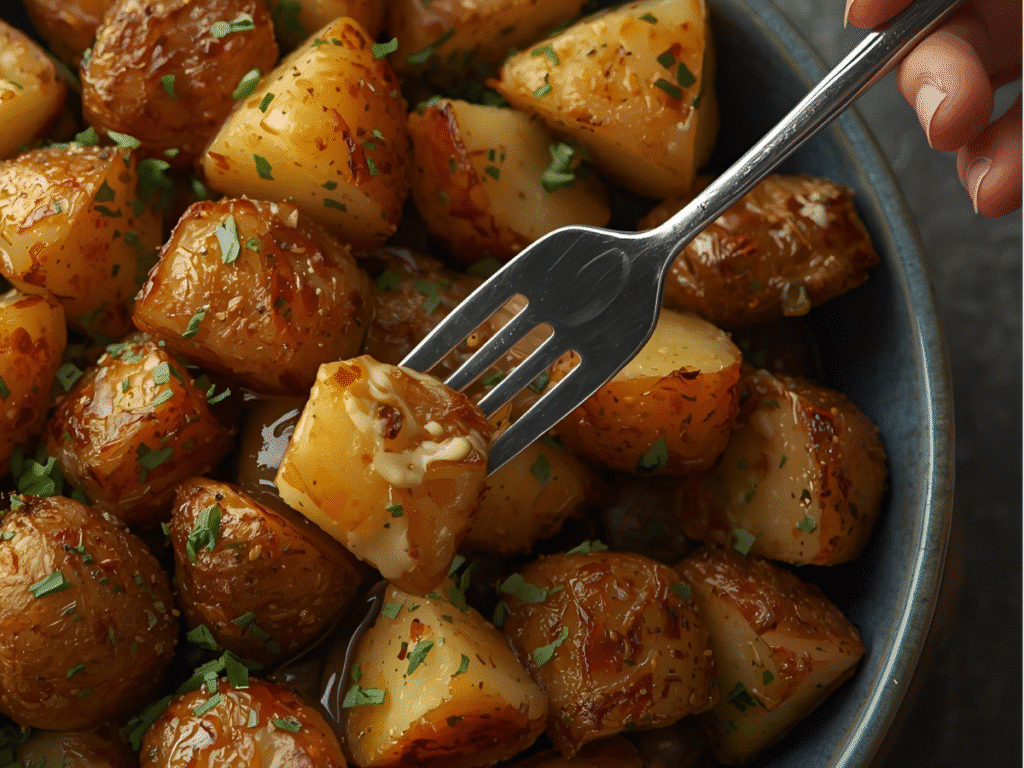 Golden Crispy Roast Potatoes piled high in a rustic bowl with fresh herbs.