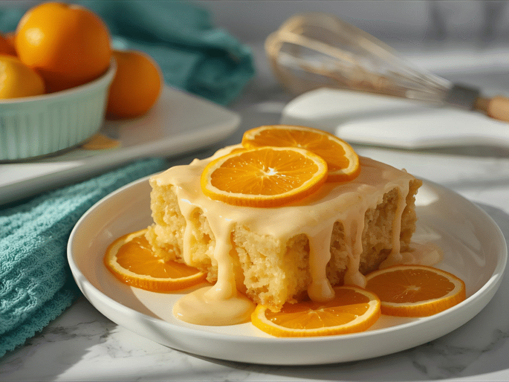 Alt Text : Stack of chewy Orange Blonde Brownies on a white plate garnished with fresh orange slices and zest.