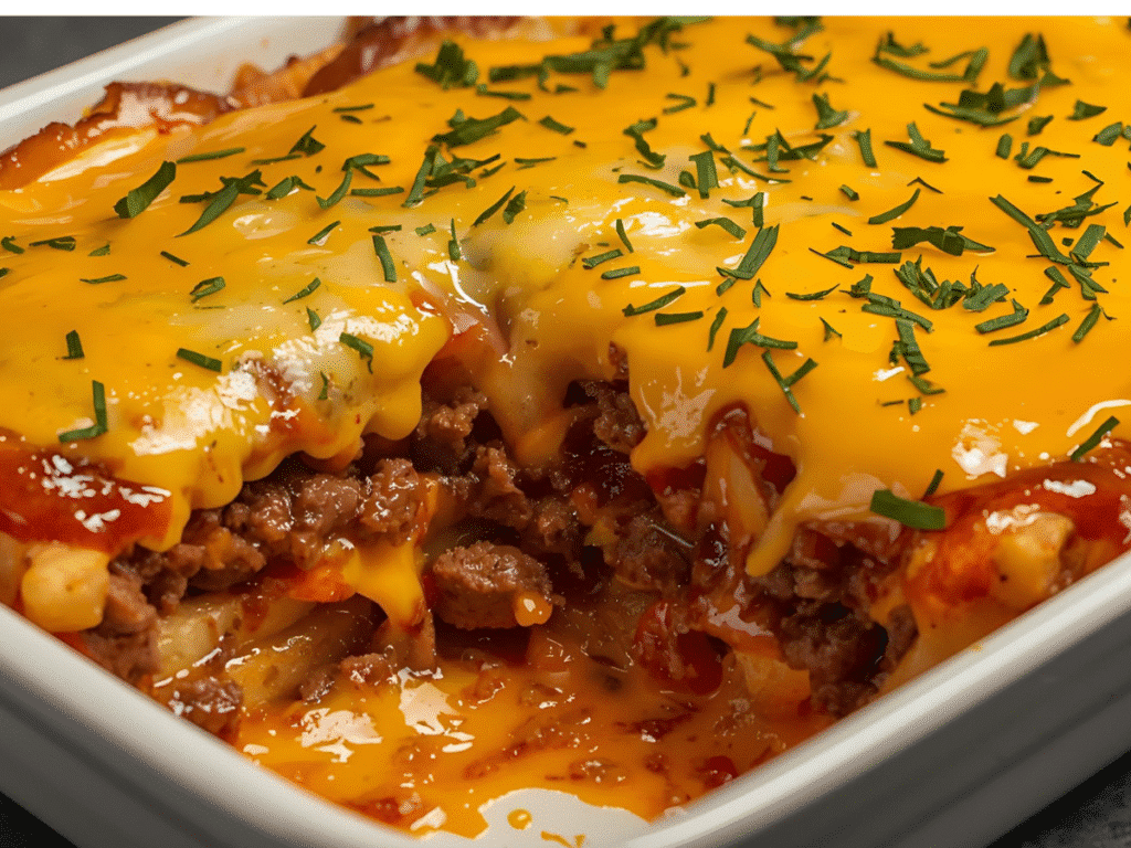 Alt Text: Hot Cheeseburger French Fry Casserole on a table.