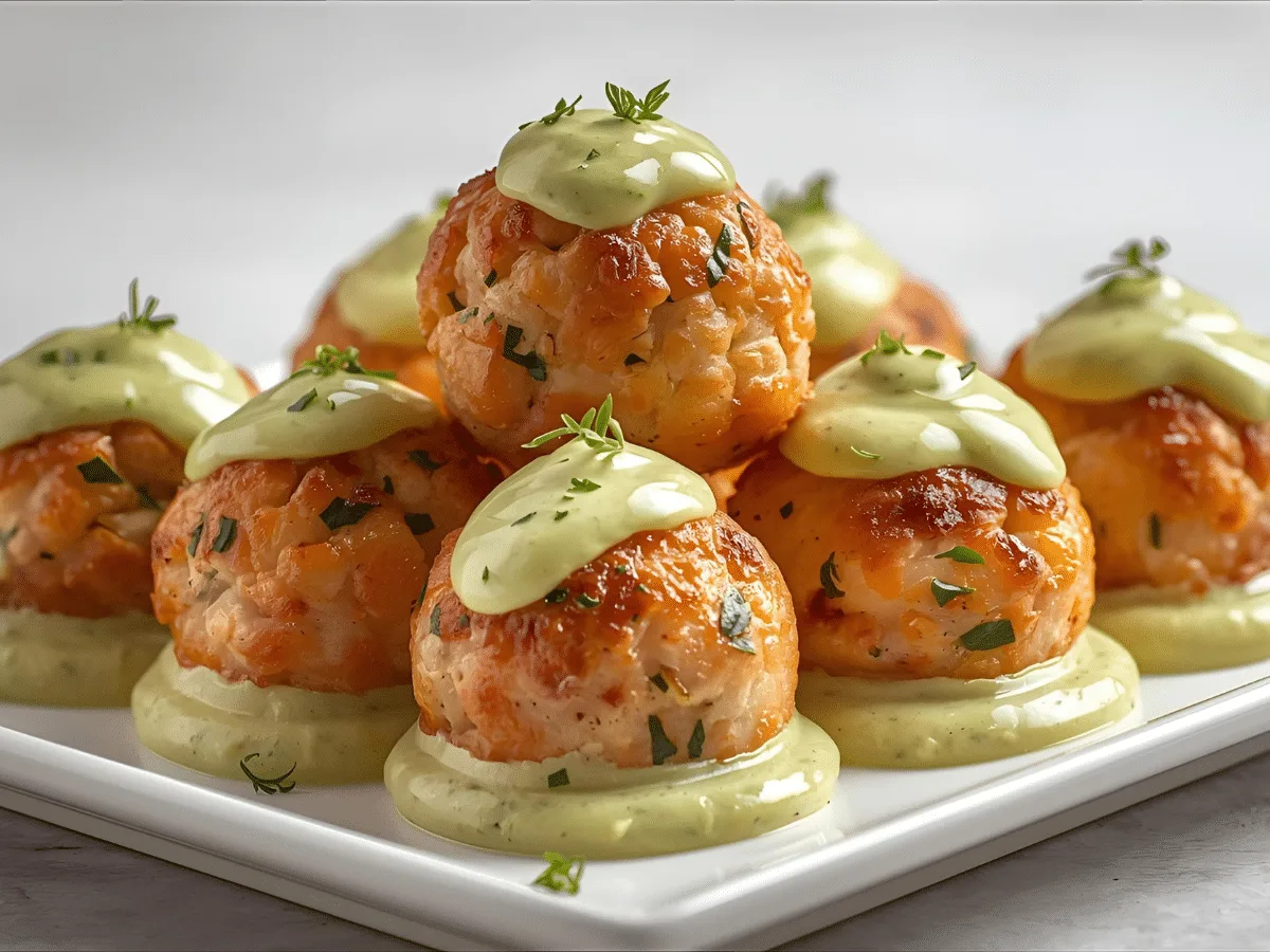 Golden brown Baked Salmon Meatballs drizzled with bright green Creamy Avocado Sauce on a rustic ceramic plate.