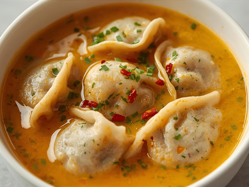 Creamy Thai Coconut Curry Dumpling Soup served with fresh herbs,