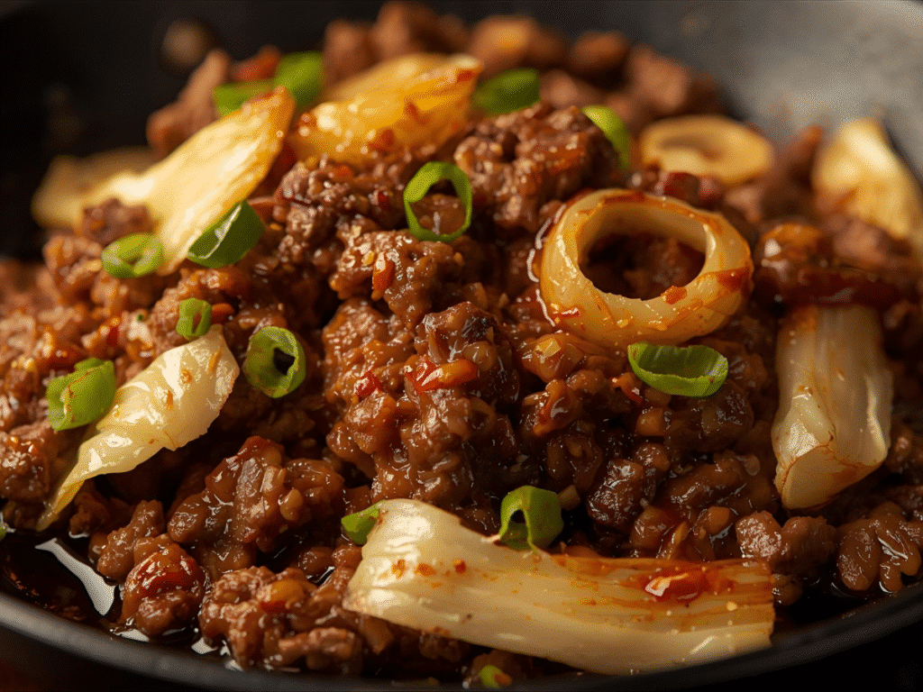 Low Carb Mongolian Ground Beef and Cabbage skillet with green onions.