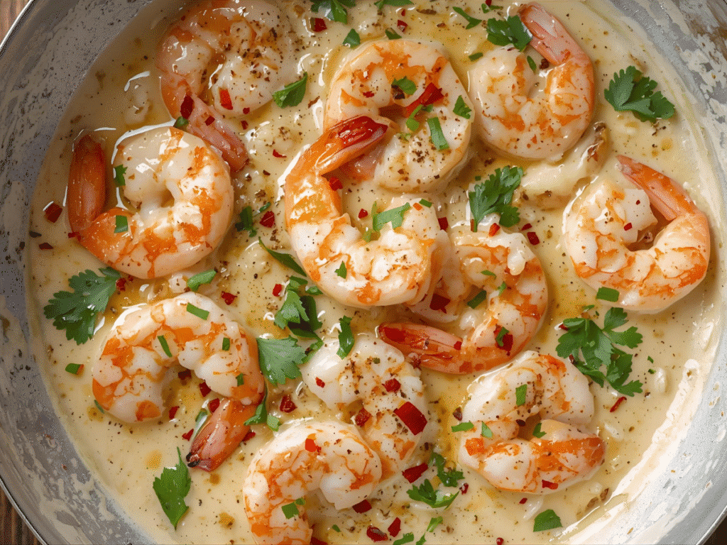 Alt Text: Creamy Garlic Shrimp in Coconut Milk skillet with lime garnish..