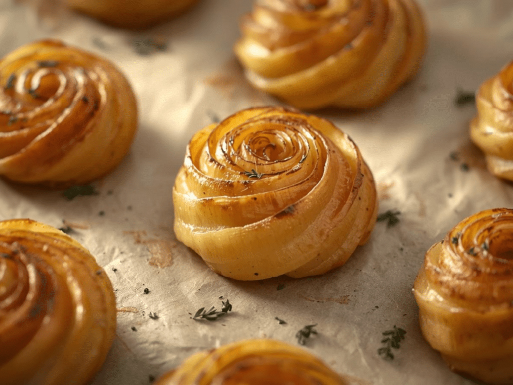 V1: Alt: "Golden Duchess Potatoes with garlic.